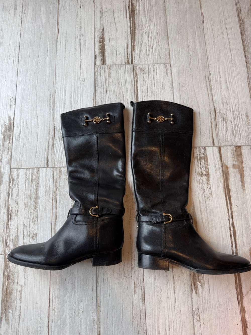 Tory Burch Black Leather Mid-Calf Equestrian Boots with Gold Hardware